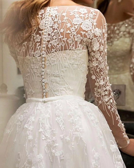 A-line Champagne Tulle Wedding Dress Long Sleeve V-neck Plus Size Lace