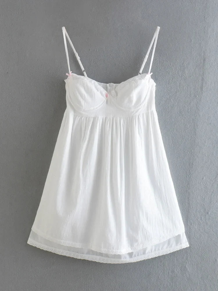 2022 Sexy White Spliced Embroidery Lace Bra Corset style Mini Dress Women Backless Party Skater Short Sling Robe Holiday