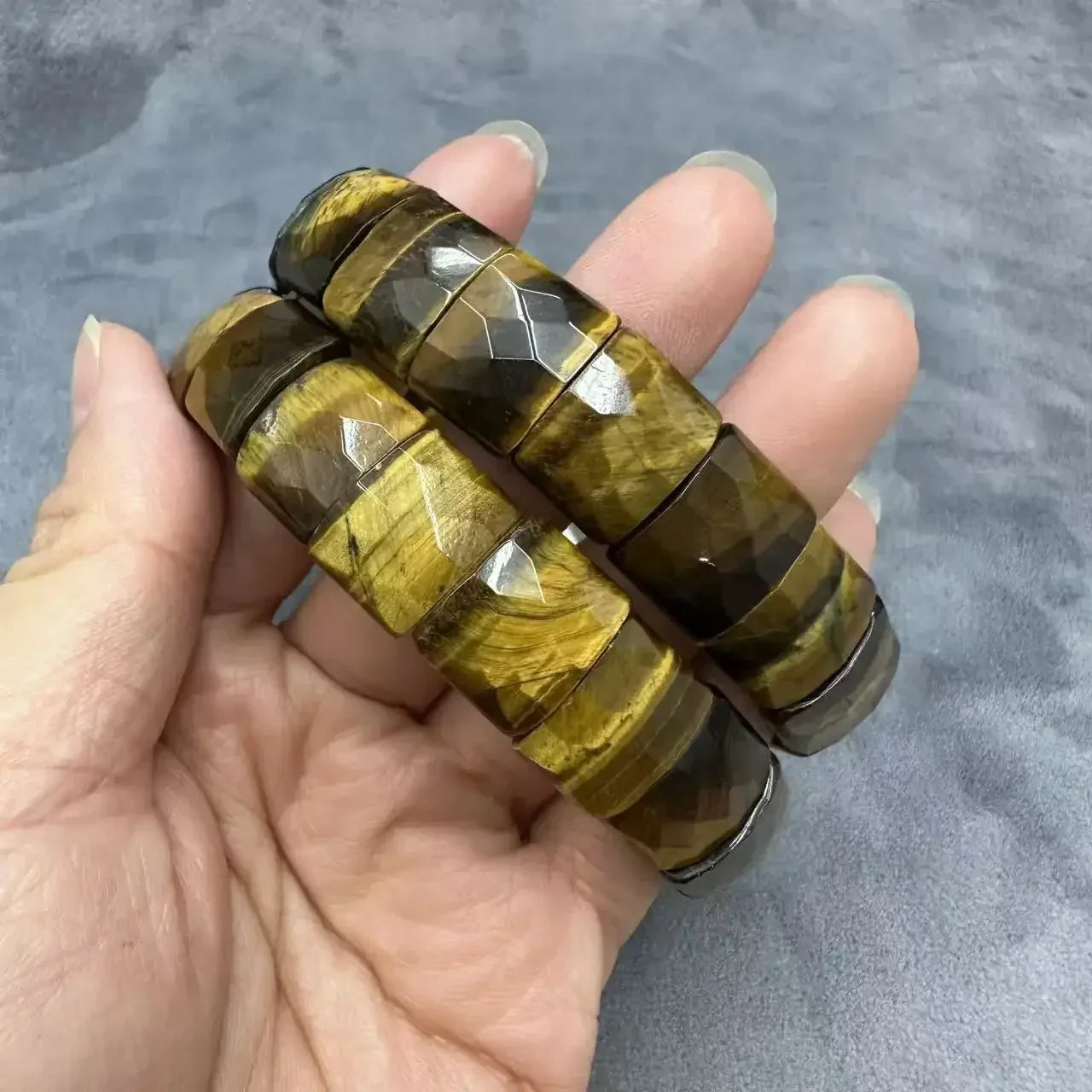 Natural 12x15mm Faceted Stone Unique Crystal Citrine Agate Amethyst Pyrite Fashion Elastic Handcrafted Bracelets Energy Bangles