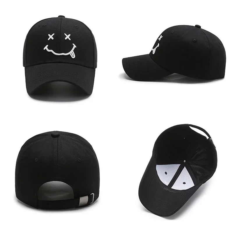 Women's Smiley Face Embroidery Baseball Caps Kpop Black Cotton Adjustable