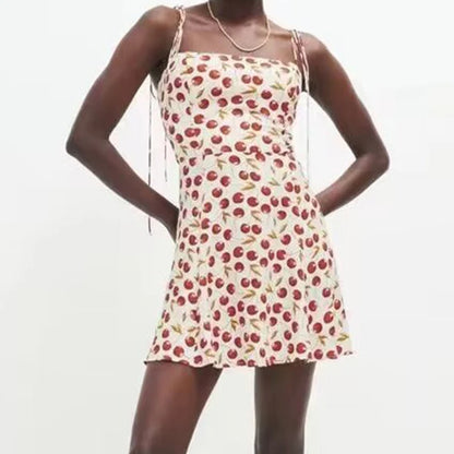 YENKYE French Vintage Cherry Print Sling Dress Women Sexy Spaghetti Strap A-line Short Chiffon Summer Dress Holiday Robe