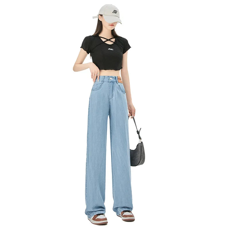 Blue Ice Silk Jeans Women's Thin Straight Pants Micro Speaker Mop Wide Leg Pants