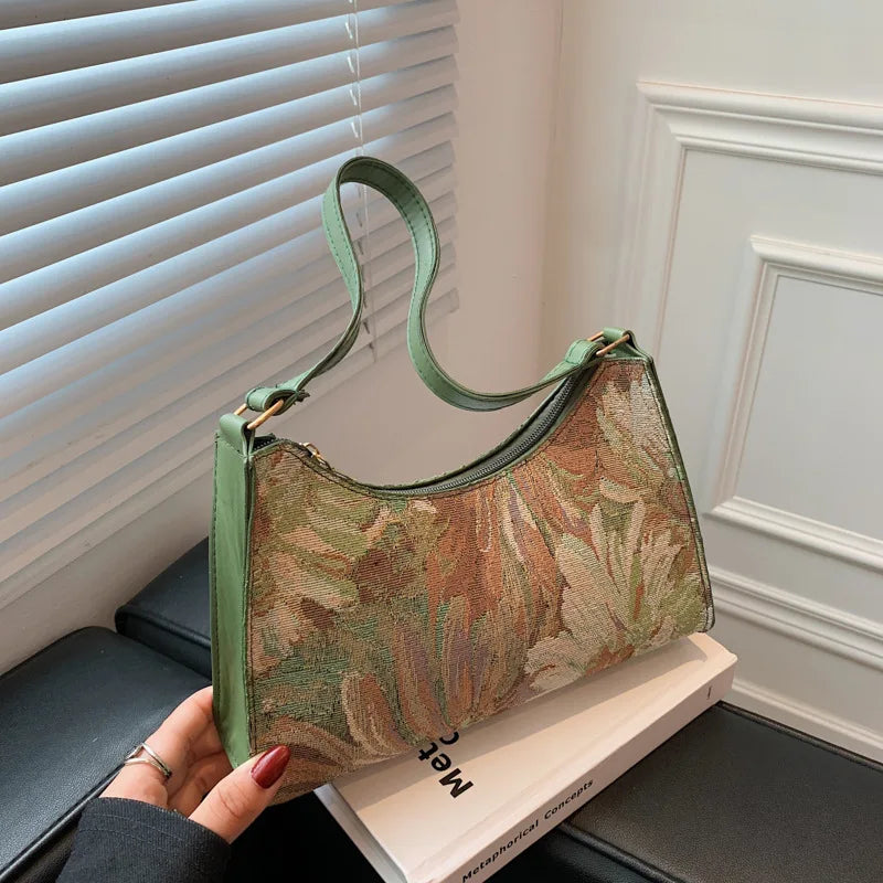 Fashion Vintage Women Oil Painting Design Shoulder Bags Ladies Simple Flower