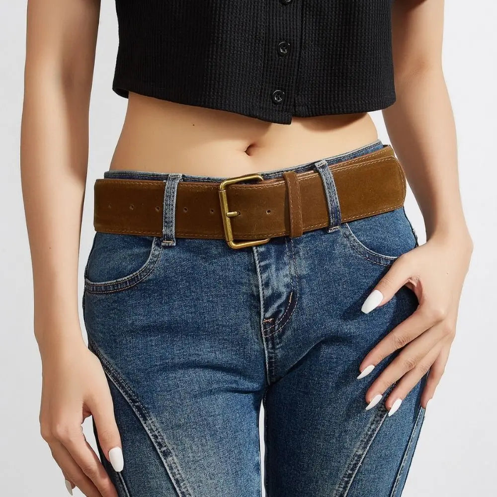 Women Luxury Design Suede Leather Wide Belt Casual Versatile Business Waist Strap Trendy Pin Buckle Waistband