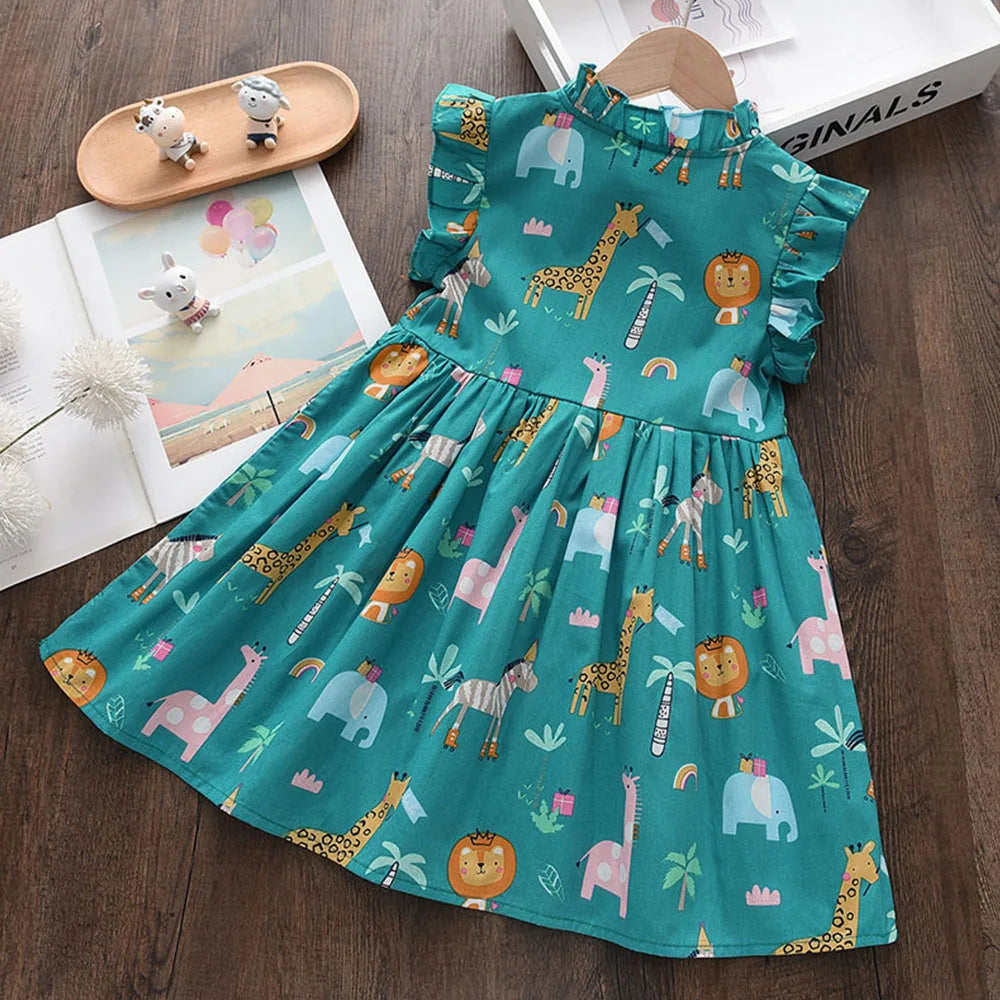 Cartoon Print Baby Girls Princess Dress Fashion Summer Floral Toddler Kid Party