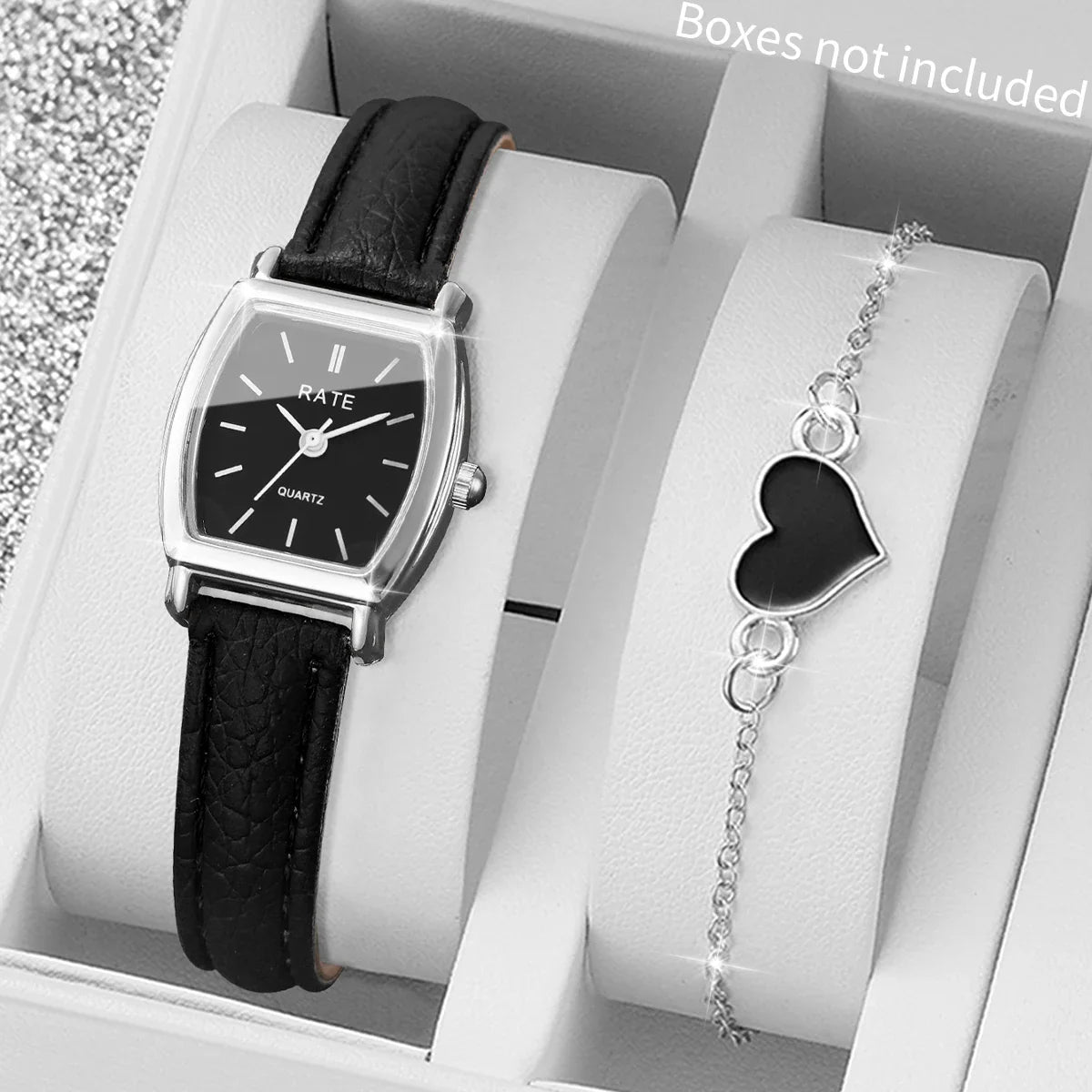 2PCS Fashion Leather Strap Quartz Wristwatches Set With Heart Bracelet Casual Simple Dial For Ladies Clock(Without Box)