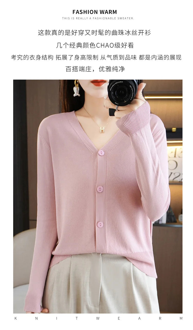 Summer Korean Version Thin Solid V-Neck Ice Silk Knitted Long Sleeve