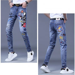 Fashion Printed Jeans Men's Korean Brand Embroidery Badge Pattern Youth Ripped