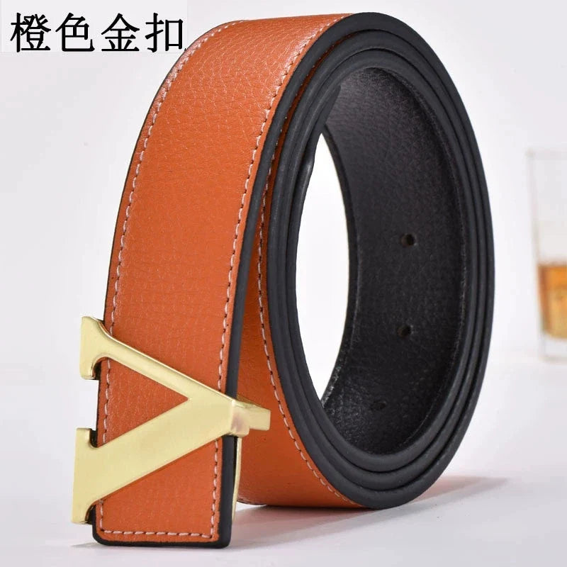 Men's high-end belt with smooth buckle; Korean style fashion trend letter V belt; men's belt