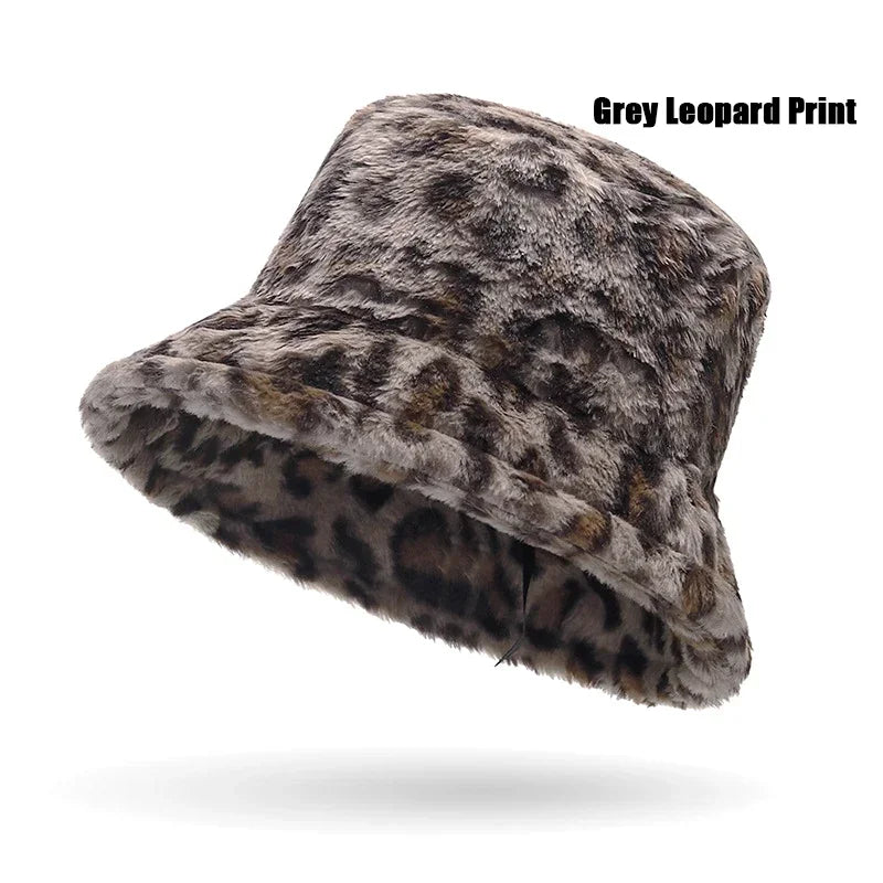 New Fall and Winter Thickened Warm Womens Plush Bucket Hat Leopard Hat