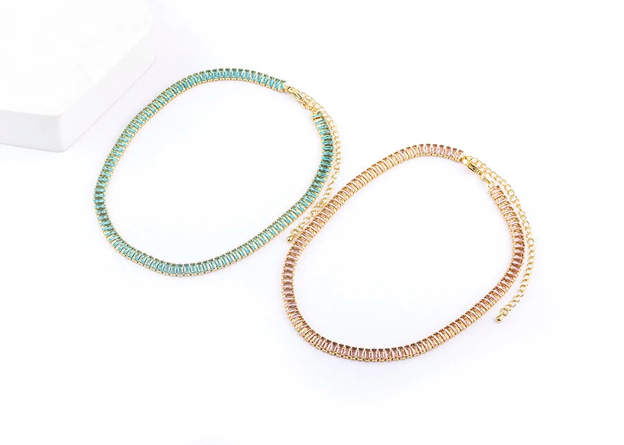 Nidin Classic Colorful Tennis Necklace Men and Women Rectangular Full Zircon Neck