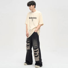 Men's Ripped Black Jeans Harajuku Wide Leg Pants Denim Baggy Y2K Cargo Pants