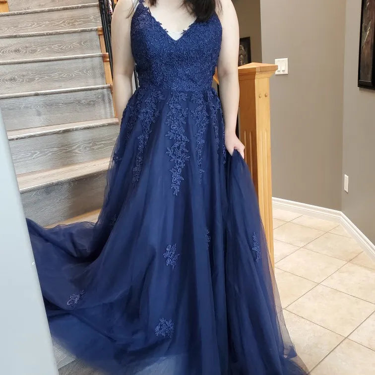 Homecoming Dresses: Navy Blue V-neck Prom Party Evening Dresses