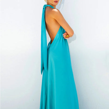 2024 Summer Solid Color Lady Party Dress Blue Sexy Long Dress Fashion Women A-line Evening DressVestido Elegant Robe 24835