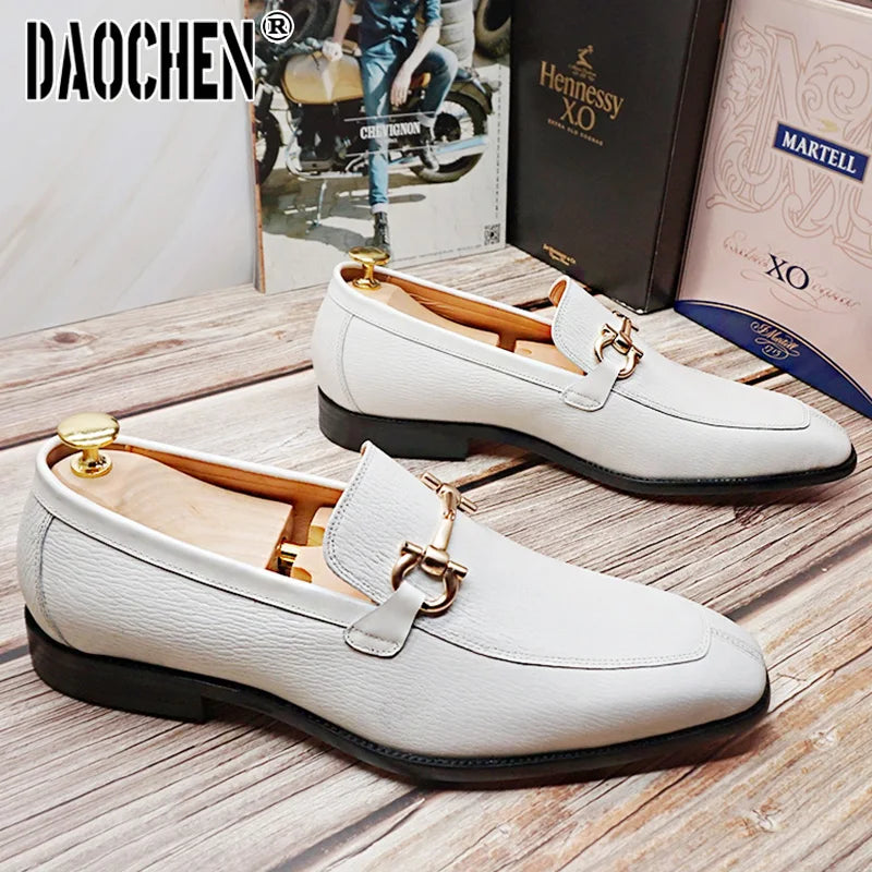 Luxury Men Leather Shoes Black White Horsebit Loafers Slip on Formal Men Dress Shoes Wedding Office Casual Shoes For Men