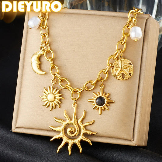 DIEYURO 316L Stainless Steel Golden Trendy Starfish Moon Sun Shaped Pendant Necklace For Women Romantic Neck Chain Holiday Gift