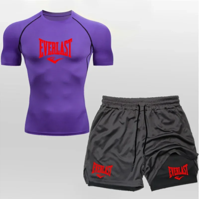 EVERLAST Men's Compress Shirt + 2-in-1 sports shorts 2pcs Set Leisure Breath Short Sleeve Sport Jogging Gym Brand Print Clothing