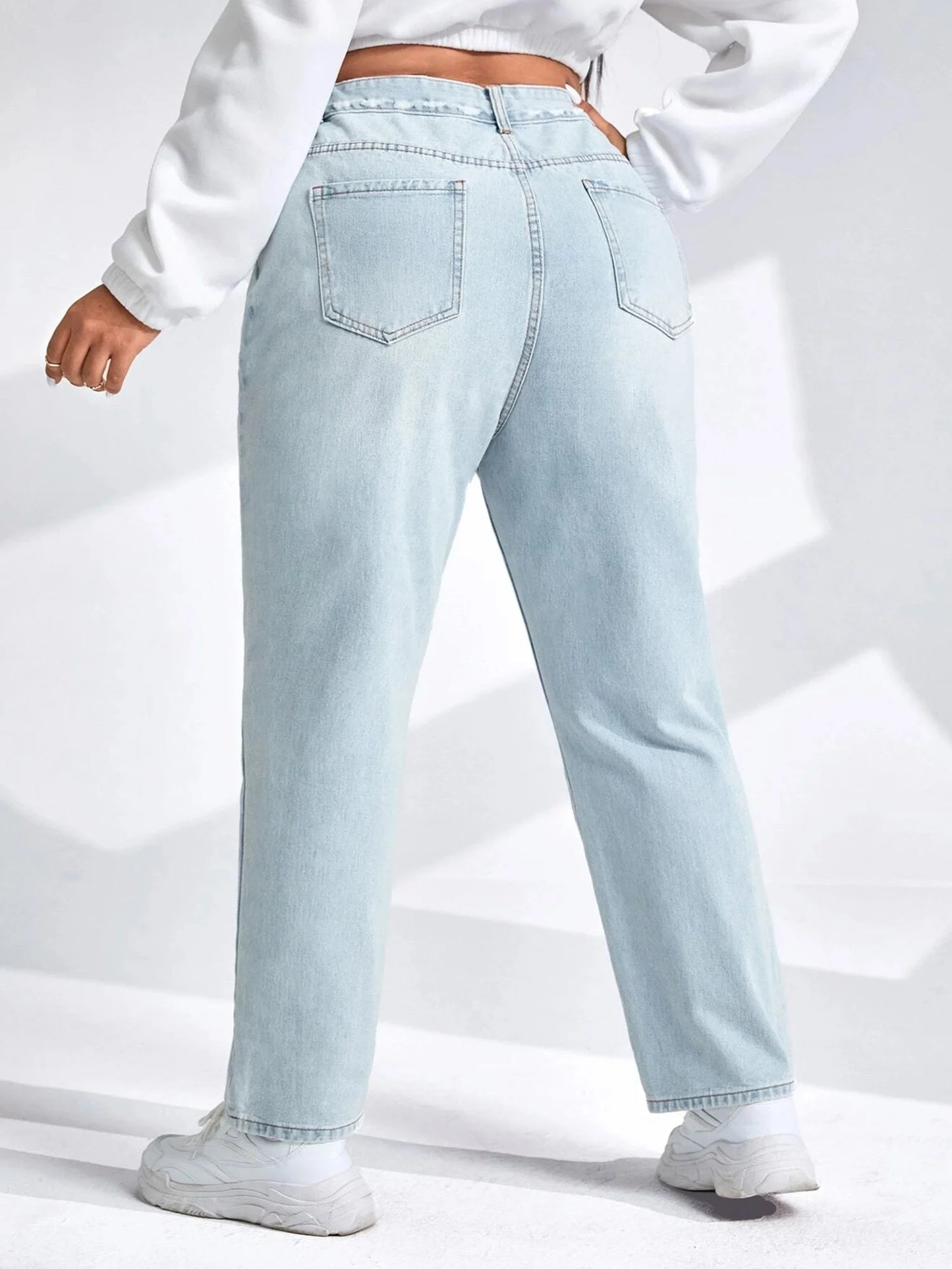 Plus Size Tapered Women Jeans High Waist Light Bule Washing Full Length Jeans