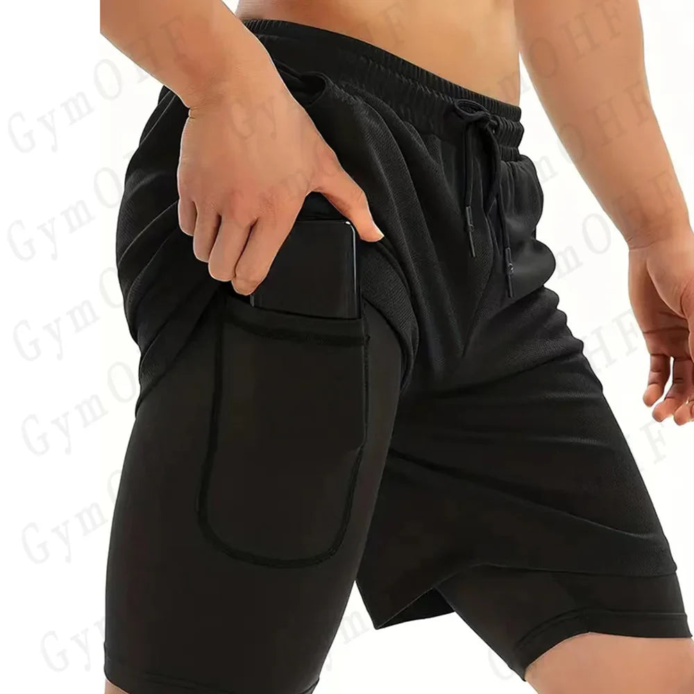 Funny Face 2 in 1 Shorts T Shirt Suits Men's Fitness Breathable Second Skin Compression Shirts Sets Gym Double Deck Shorts