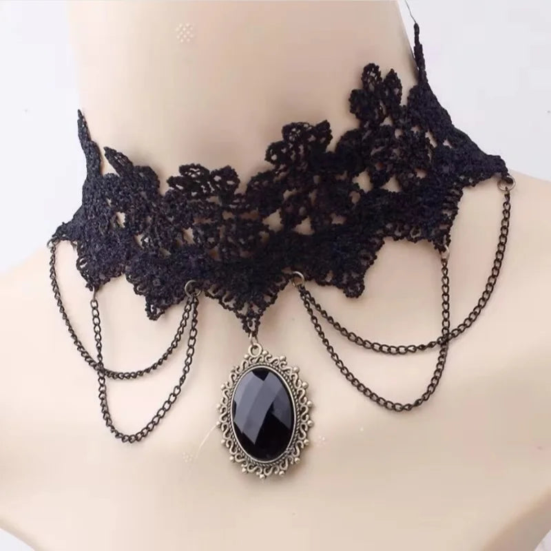 Gothic Victorian Black Lace Necklace Women Girl Boho Crystal Tassel Sexy Lace Choker Dark Loli Style Holiday Party Girl Jewelry