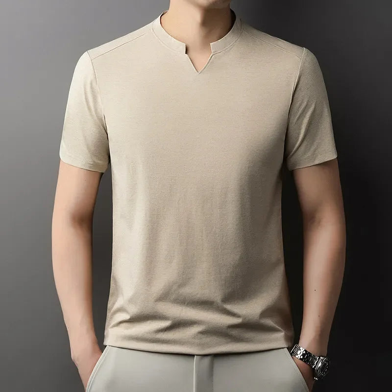 Korean Men's Casual and Fashionable Small V-neck Solid Color Short Sleeved T-shirt Comfortable Summer Versatile Top