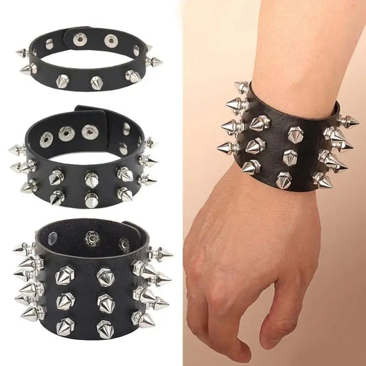 Punk Bracelet for Men Women - Goth Black Leather Wristband with Metal Spike Studded- Spike Rivets Cuff Bangle Adjustable