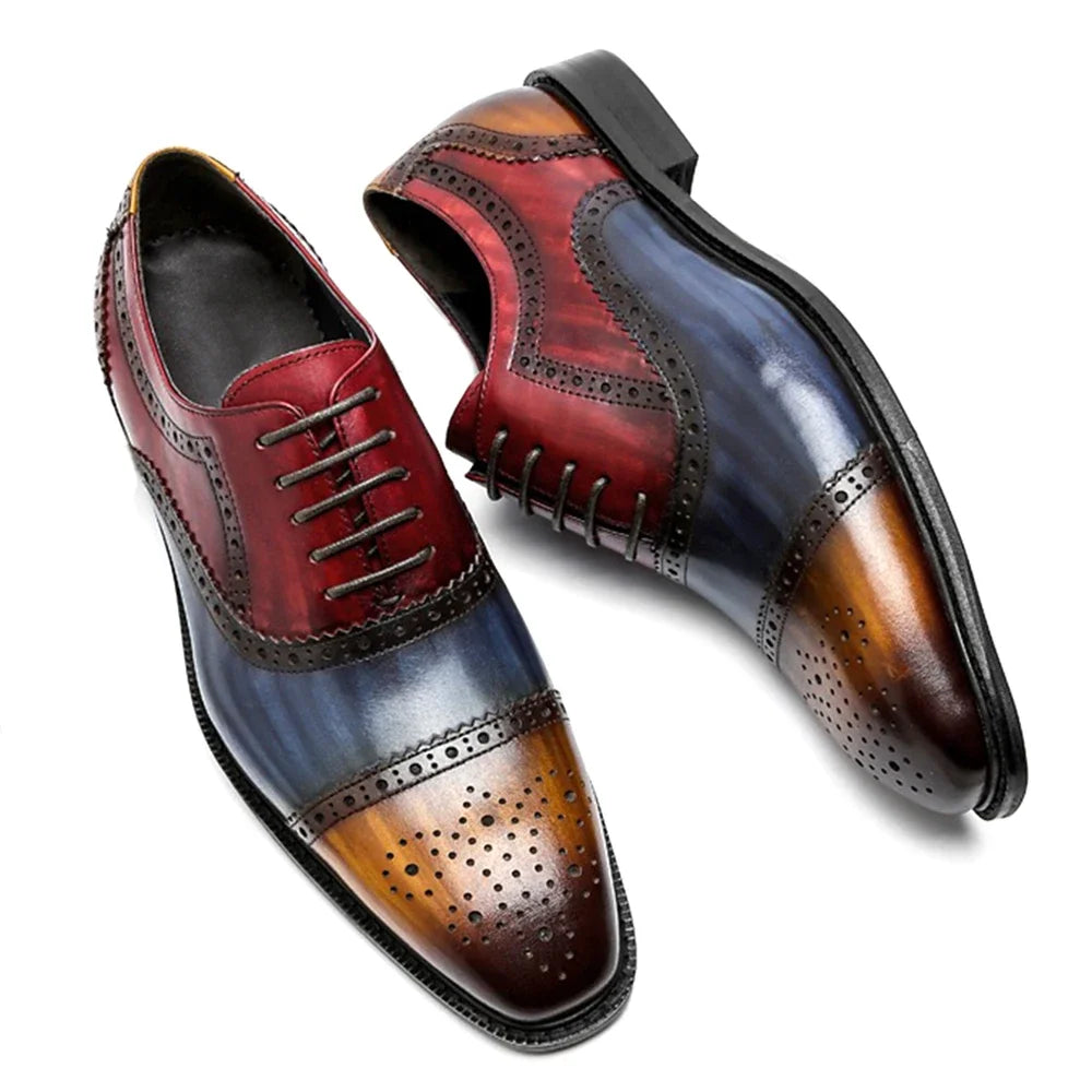 Color Block Genuine Leather Mens Formal Oxford Shoes Cap Toe Lace Up Brogue Business Party Elegant Gentleman Dress Shoes for Men