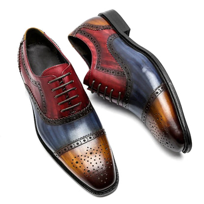 Color Block Genuine Leather Mens Formal Oxford Shoes Cap Toe Lace Up Brogue Business Party Elegant Gentleman Dress Shoes for Men