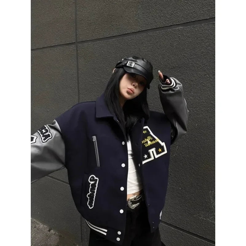 Letter Embroidery Bomber Jacket Men Women Autumn Winter Leather Sleeves