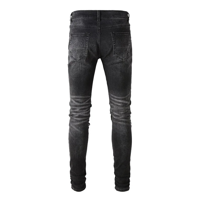 Men Bandanna Paisley Print Patch Jeans Streetwear Patchwork Holes Ripped Biker Pants