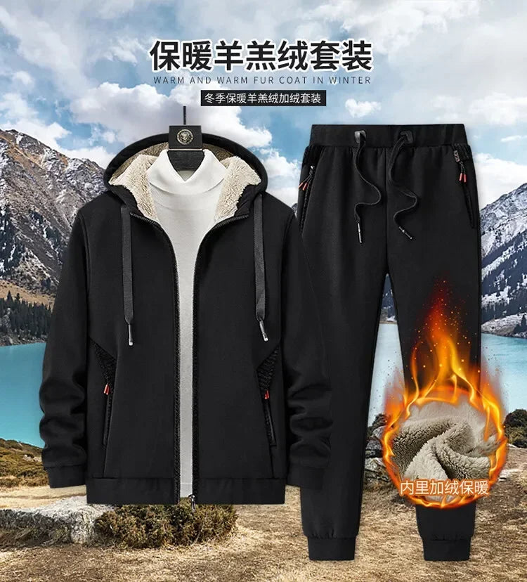 Men's Sets Jacket + pant Warm Fur Winter Sweatshirt Cashmere Tracksuit Men's Sets Fleece Thick Hooded Brand Casual Track Suits