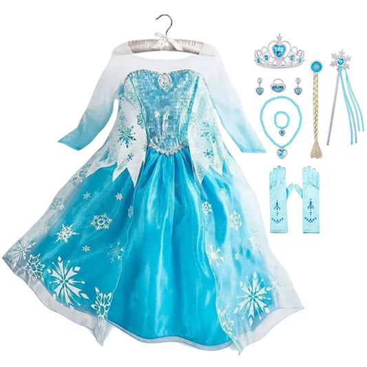 Disney Frozen Elsa Princess Dress for Girls Halloween Fancy Children Cosplay Frock Clothes Snow Queen Elza Costume Birthday Gift