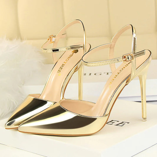 Women 10.5cm High Heels Sandals Lady Metallic Gray Patent Leather Stripper Ankle Strap Sandles Wedding Fetish Nightclub Shoes