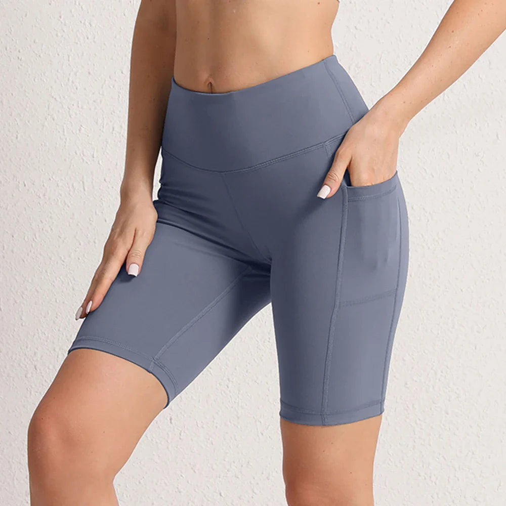 CHRLEISURE Women Yoga Shorts with 3 Pockets Seamless Gym Fitness Tights Elastic Cycling Shorts Female Solid Color Leggings