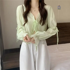 Sweet Ruffle Lace Up Cardigan Women Summer Long Sleeve Sunscreen Jacket