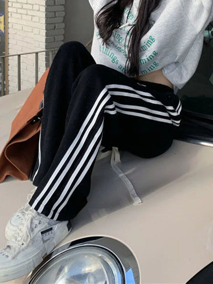 Zoki Black Striped Sweatpants Women Preppy Style High Waist Loose Casual Trousers