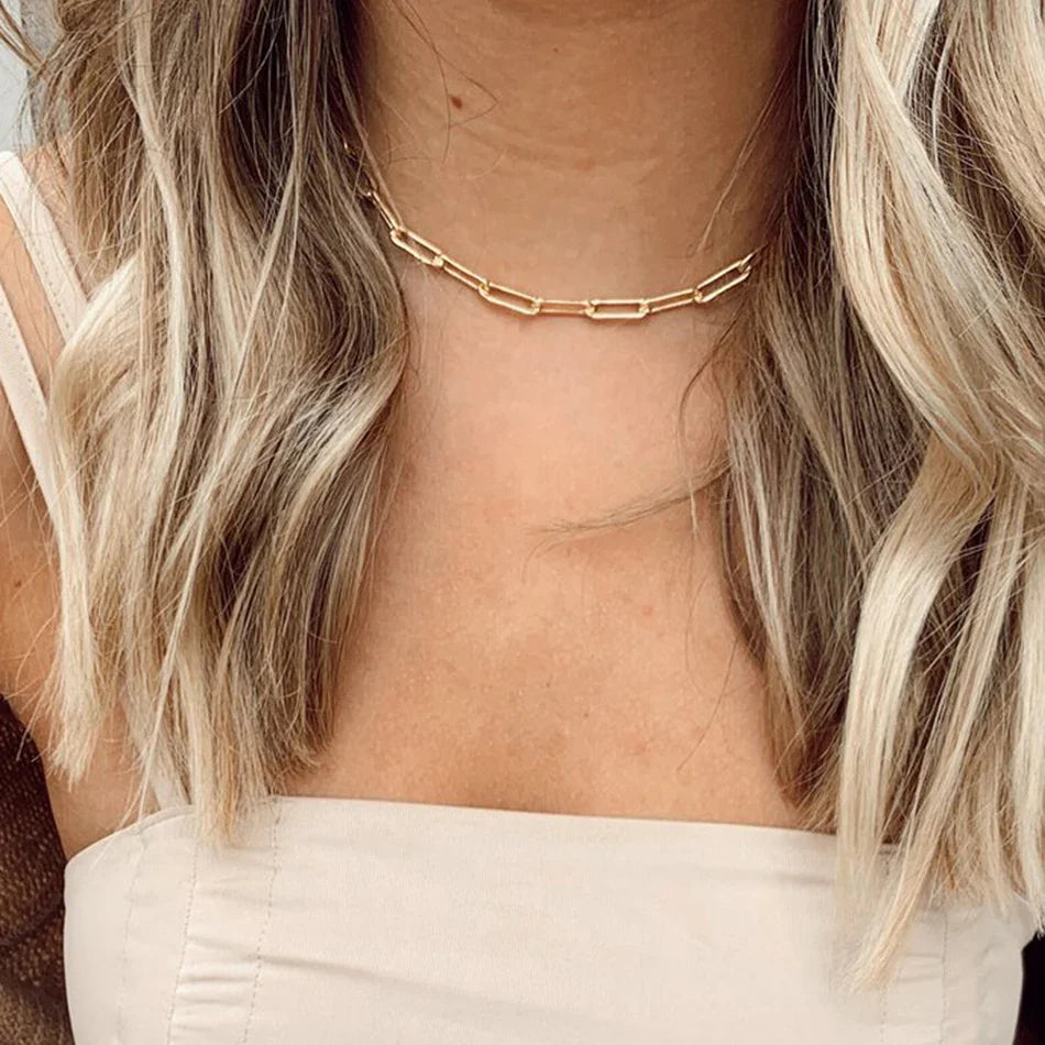 eManco  Hot Fashion Paperclip Link Chain Women Necklace Stainless Steel Gold Color Chain Necklace For Women Men Jewelry Gift