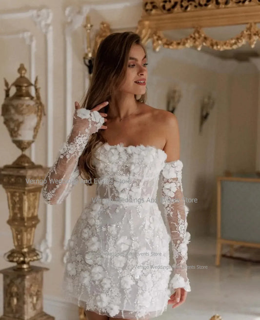 White Bridesmaid Dresses: Bridal Gown Detachable Sleeves Women 3D Flowers