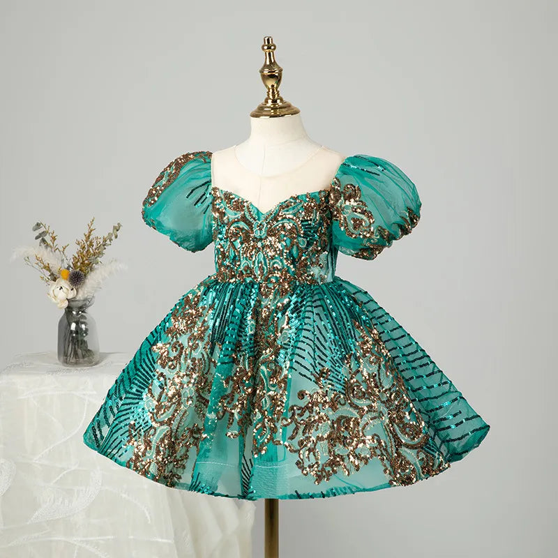 Child Girls Evening Dresses Champagne Gold Luxury Birthday Party Gown Sequin