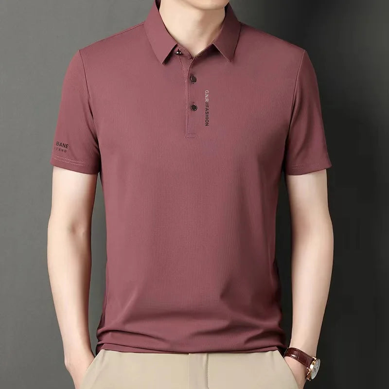 2025 Men's Short Sleeve Solid Color Polo Shirt Breathable Comfortable Elastic Top New Arrivals Casual Business Style