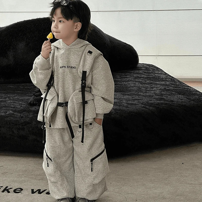 Fashion Boys Suits spring Autumn Pocket Letter Pullover Hooded Top+ Loose Pants 3pcs Kids Sets Casual Sportwear Handsome Clothes