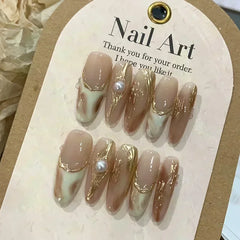 10Pcs Almond Handmade Press On Nails Diamond Butterfly False Nails Maillard Autumn French Fake Nails Wearable Manicure Nail Tips