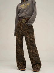 Leopard Jeans Women Denim Pants Female Wide Leg Trousers