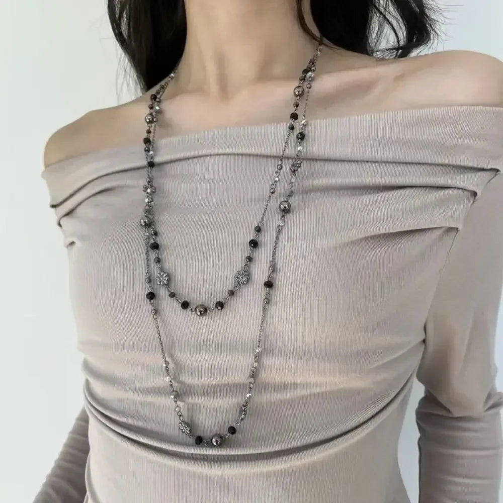 Bohemian Double-layer Flower Necklace Long Beaded Sweater Chain Y2K Style Stackable Geometric Necklace
