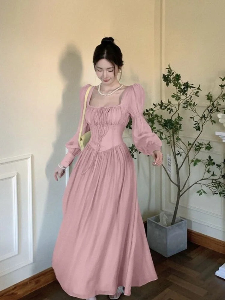 Evening Dresses: French Elegant Lantern Sleeve Lace Up Midi Dress