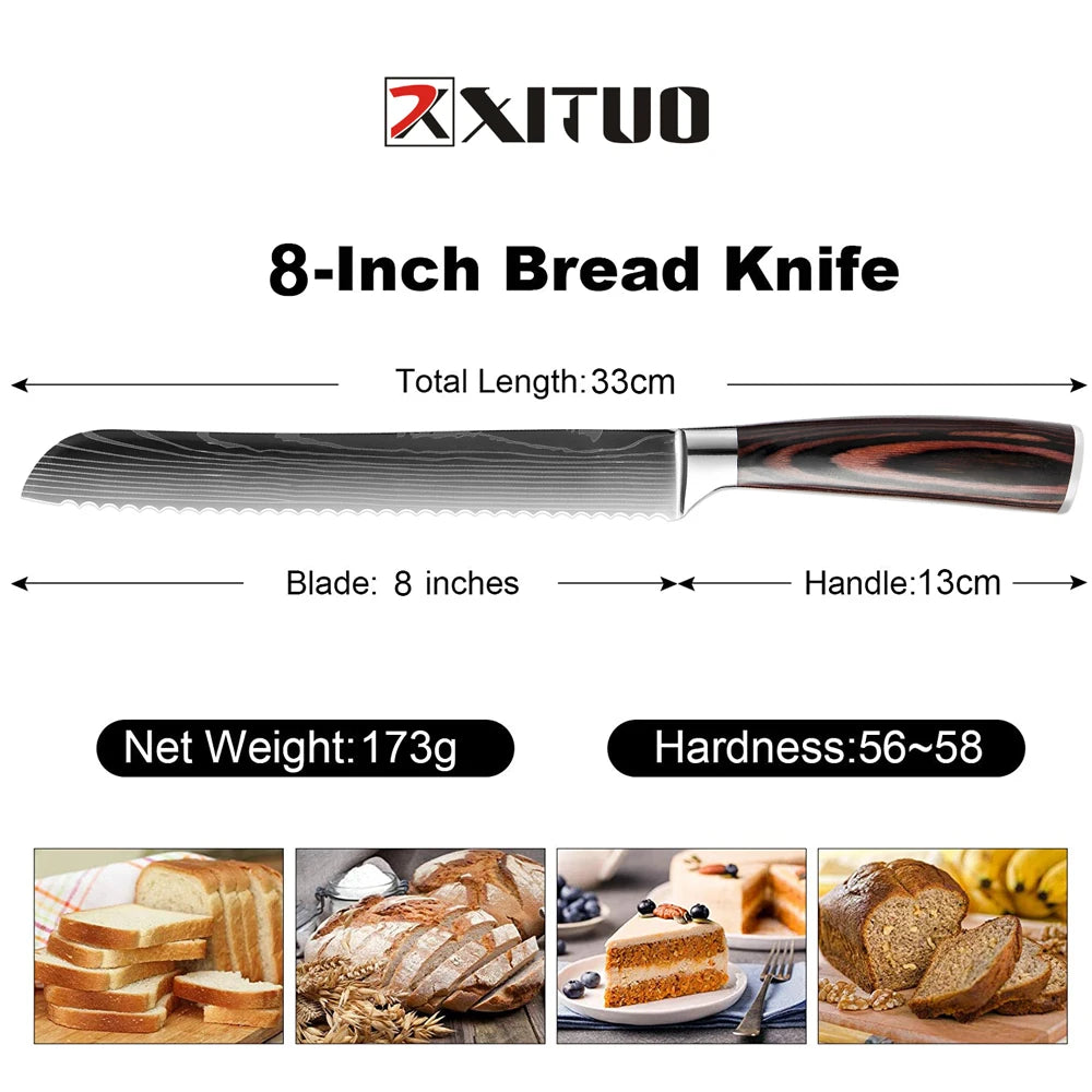 Kitchen Bread Knife Serrated Design Laser Damascus Stainless Steel Blade 8 inch