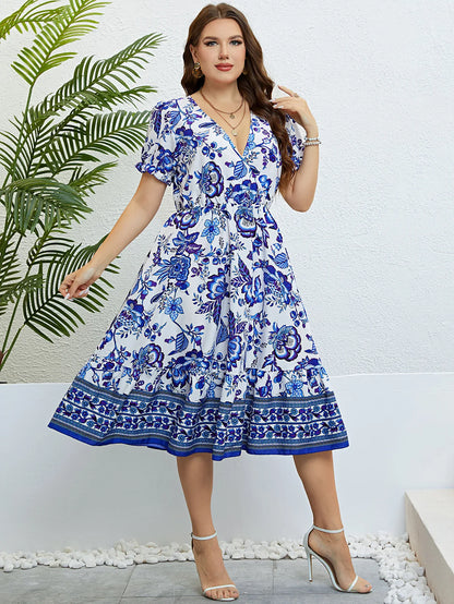 Plus Size Women Flower Print V-Neck A-Line Dresses Elegant Ruffle Short Sleeves Party Robe Casual Lady Vacation Large Size Cloth