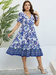 Plus Size Women Flower Print V-Neck A-Line Dresses Elegant Ruffle Short Sleeves