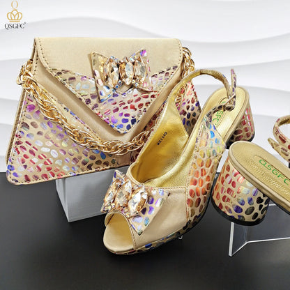QSGFC 2024 Newest Fashion Arrival Golden Color Peep Toe Women Heel Shoes Matching Bag Set For Ladies Wedding Party Pump