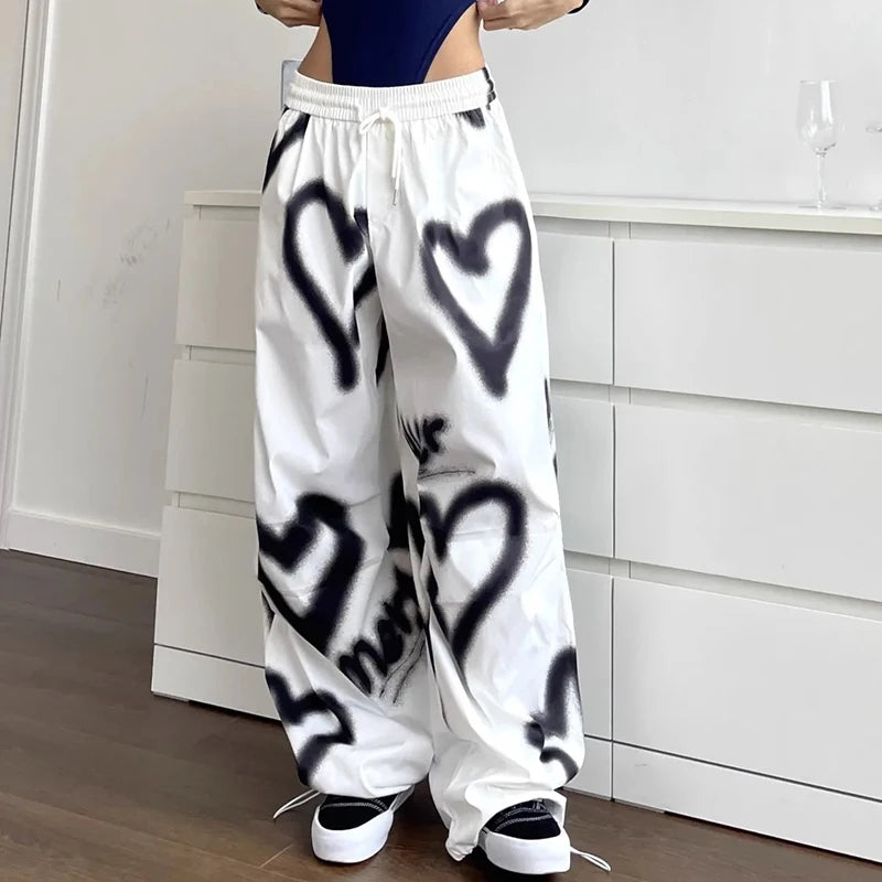 Y2K Love Graffiti Wide Leg Pants Women High Waist Streetwear Loose Drawstring